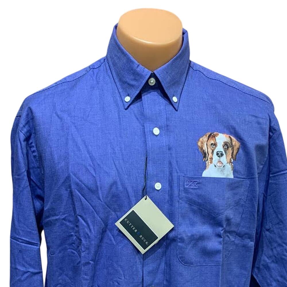 New Hand Printed Upcycled Large St Bernard Puppy Dog Mens Button Down Shirt